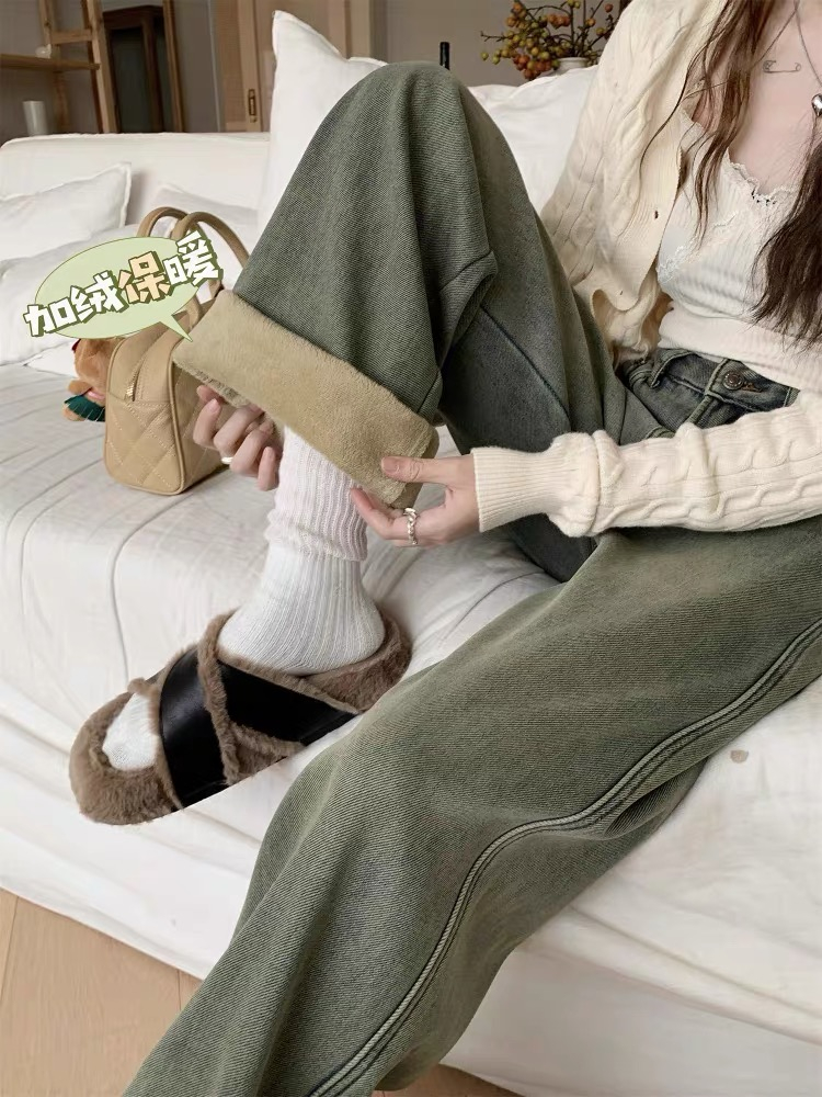 加絨加厚復古直筒牛仔褲女冬季新款高腰顯瘦保暖百搭闊腿拖地長褲
