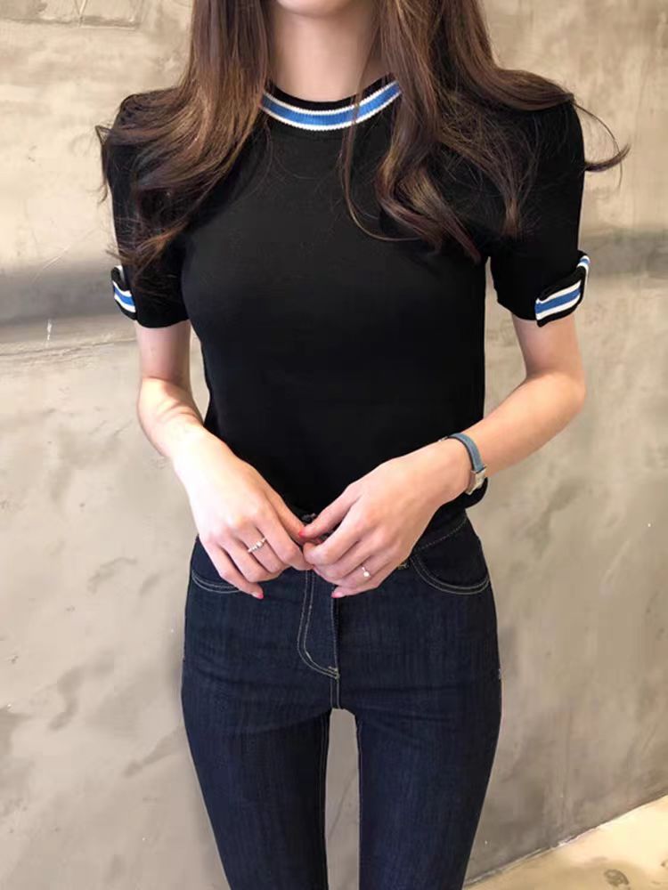 夏季款小香風修身白色冰絲薄款打底針織衫短袖圓領T恤上衣女