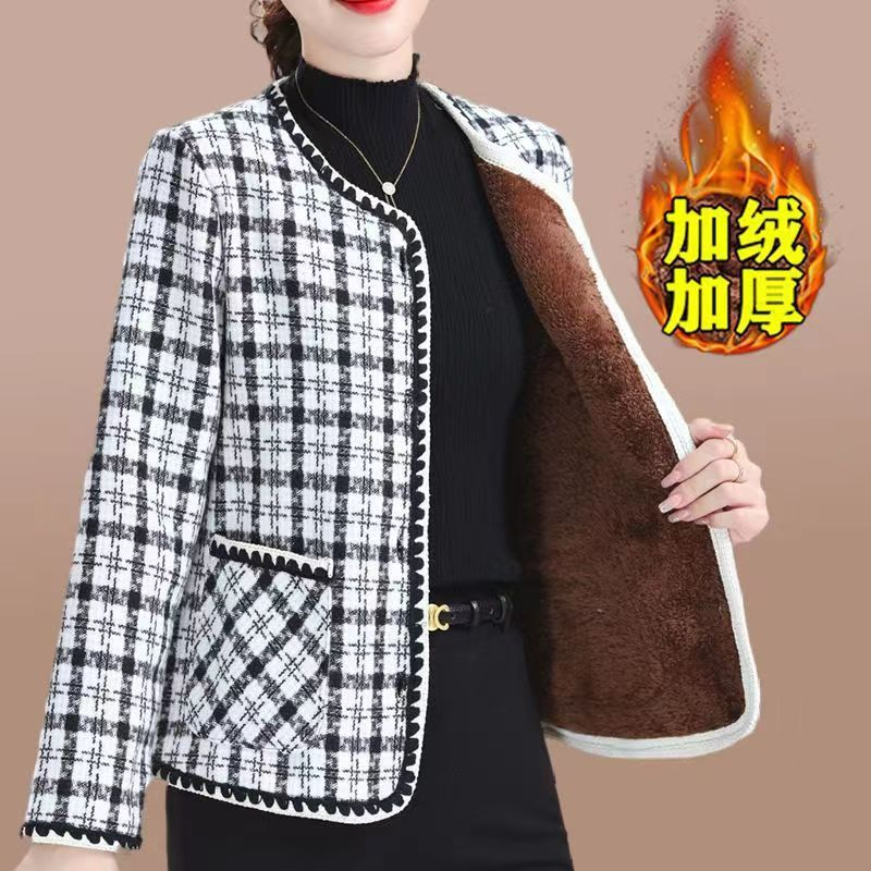 時尚媽媽裝百搭短款小香風外套中年女秋冬裝新款加絨保暖上衣開衫