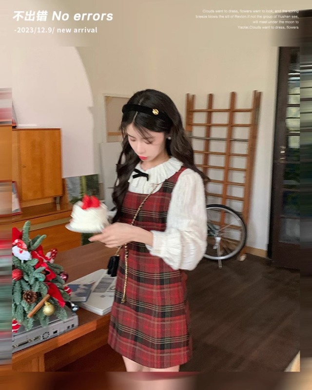 不出錯No errors 新品喜歡先加購 聖誕氛圍組紅色格紋毛呢背心裙