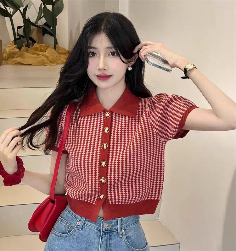 POLO短袖針織衫女夏季新款復古小眾法式設計感短款紅色泡泡袖上衣