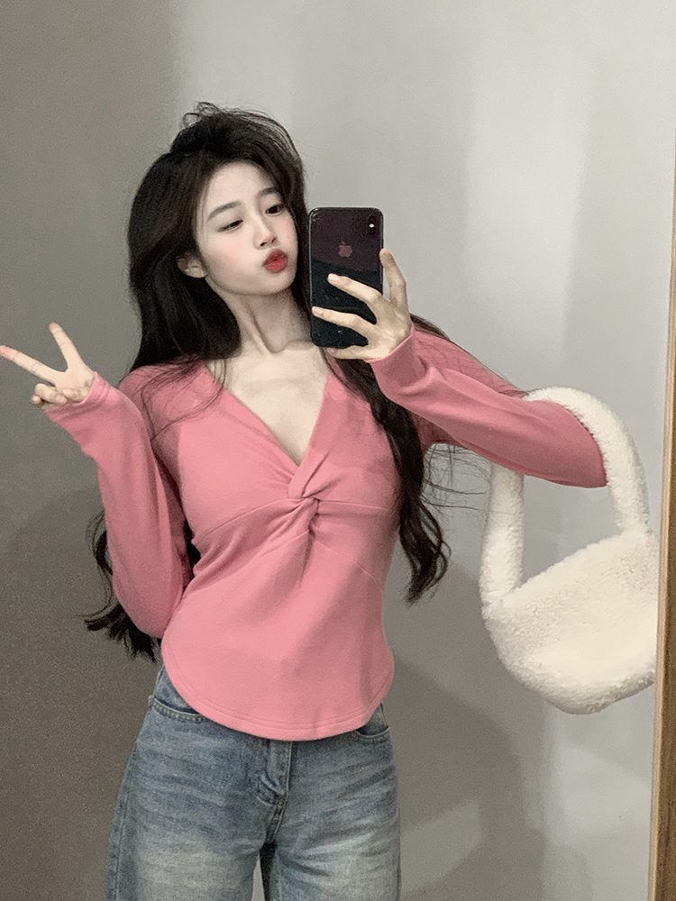 Actual shot ~ v-neck design, slim and long-sleeved T-shirt, new style for early spring