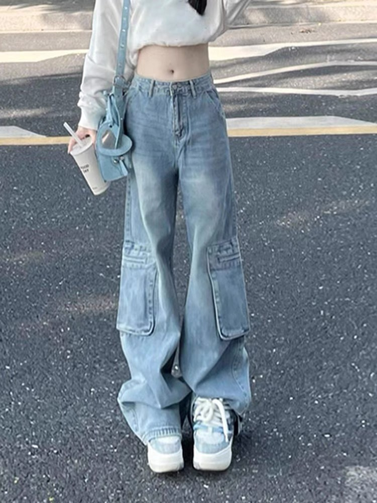 復古高腰設計感工裝直筒褲女2024春季新款高腰顯瘦直筒闊腿牛仔褲