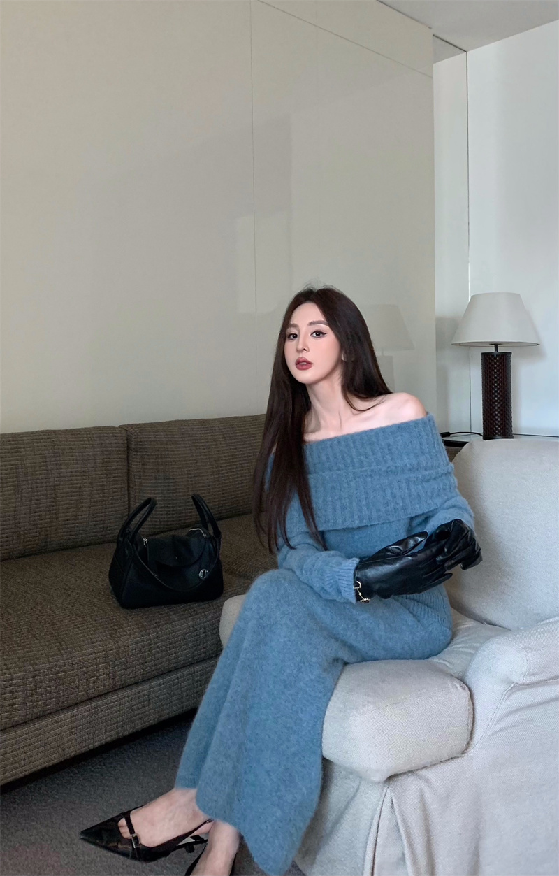 Actual shot of retro Korean style slimming one-shoulder knitted sweater top + skirt two-piece set