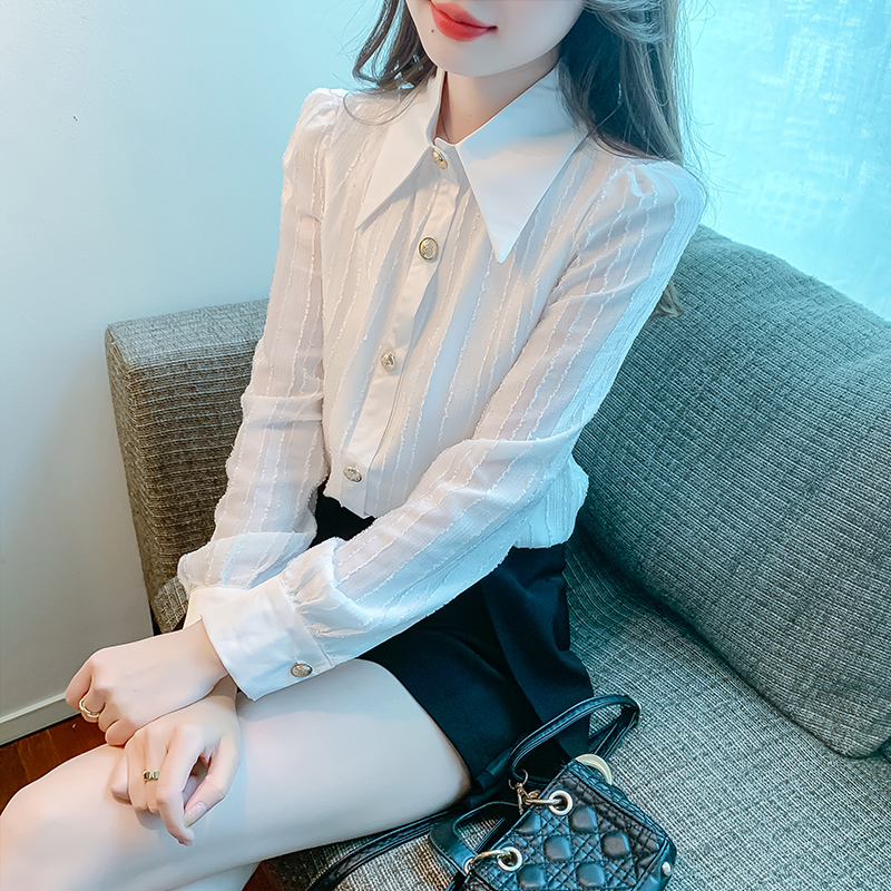 實拍 白色襯衫女春秋款設計感小眾時尚洋氣襯衣肌理感長袖上衣