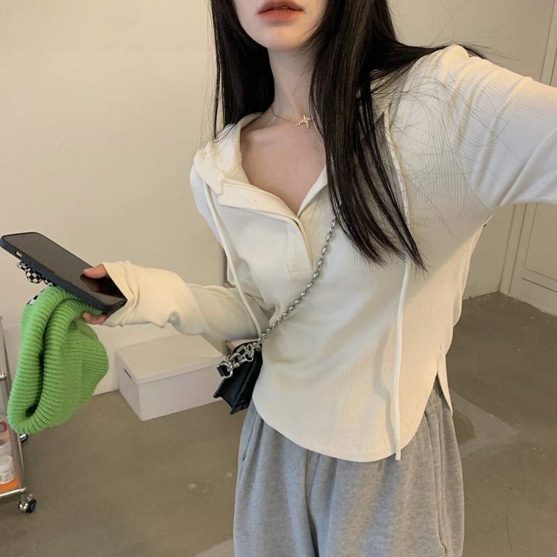 四色純欲風白色連帽長袖T恤女秋季修身顯瘦內搭打底衫上衣ins