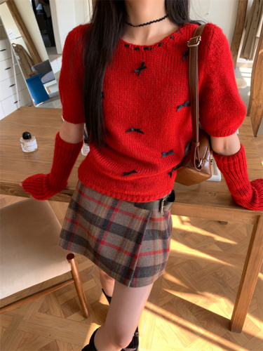 Real shot 30036 knitted sleeves bow sweater + 50035 plaid woolen pleated skirt atmospheric skirt