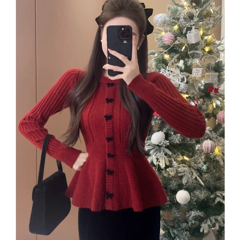 綿羊絨紅色蝴蝶結毛衣女冬收腰荷葉邊開衫甜美針織衫