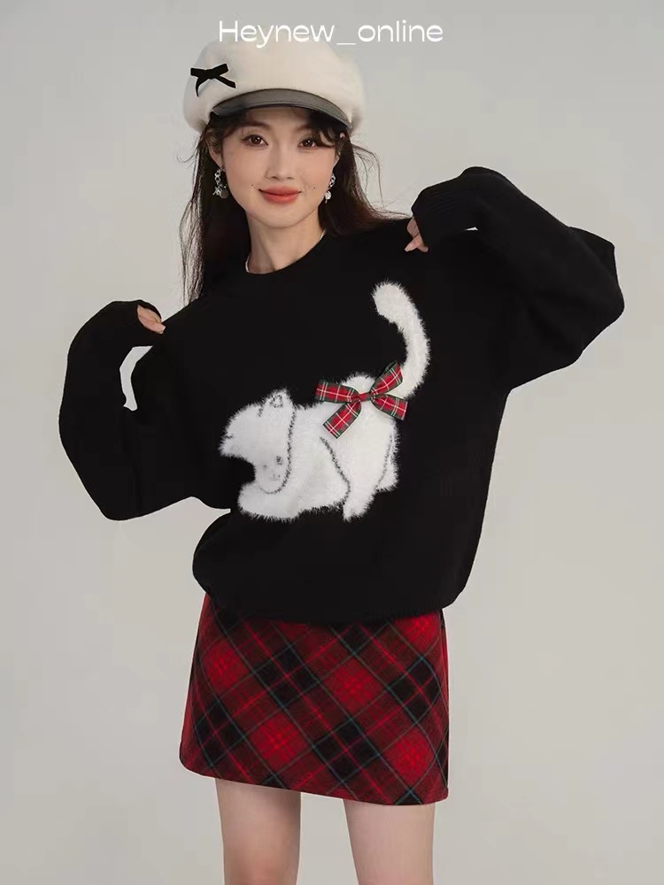 Bow Butt Cat Sweater Women's Autumn and Winter New Year's Eve New Year's Eve Lazy Style Soft Waxy Knitted Sweater Top