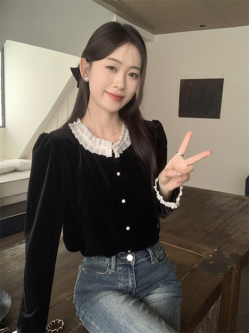 實拍 韓版通勤新款氣質復古絲絨設計感珍珠上衣