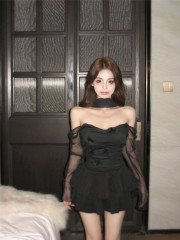 Real shot of three-dimensional flower top for women with removable mesh sleeves tube top