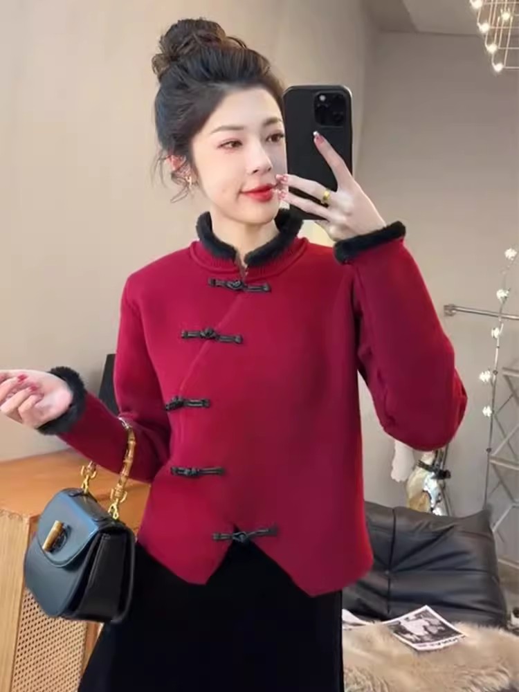 2024春季新款紅色盤扣毛衣女裝新中式國風設計感氣質百搭毛針織衫