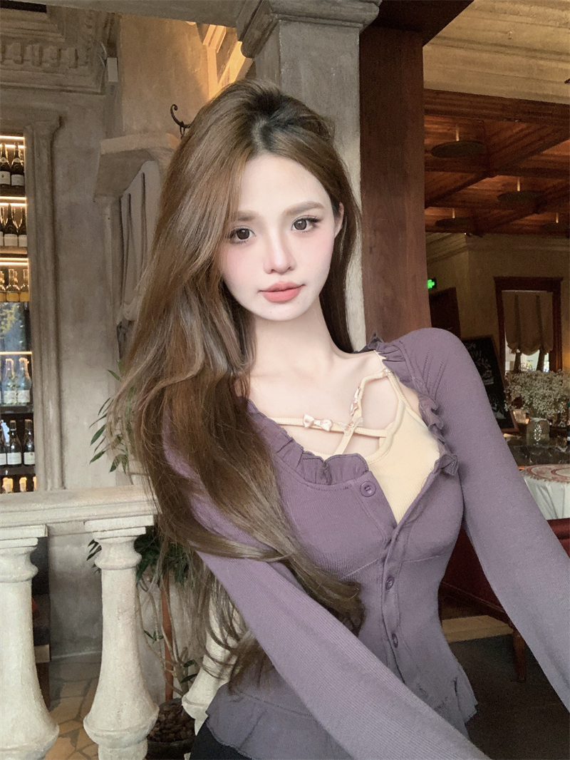 Actual shot ~ two-piece set of spliced ​​inner tops, pure lust style, versatile and slimming knitted long-sleeved bottoming shirt