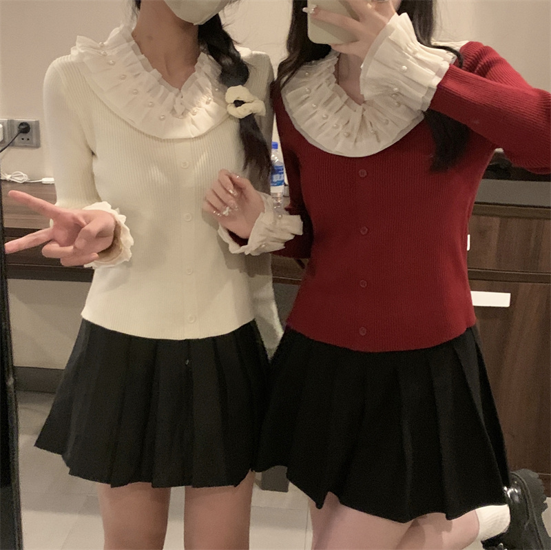 實拍~韓系釘珠荷葉拼色V領針織衫女氣質顯瘦百搭長袖上衣