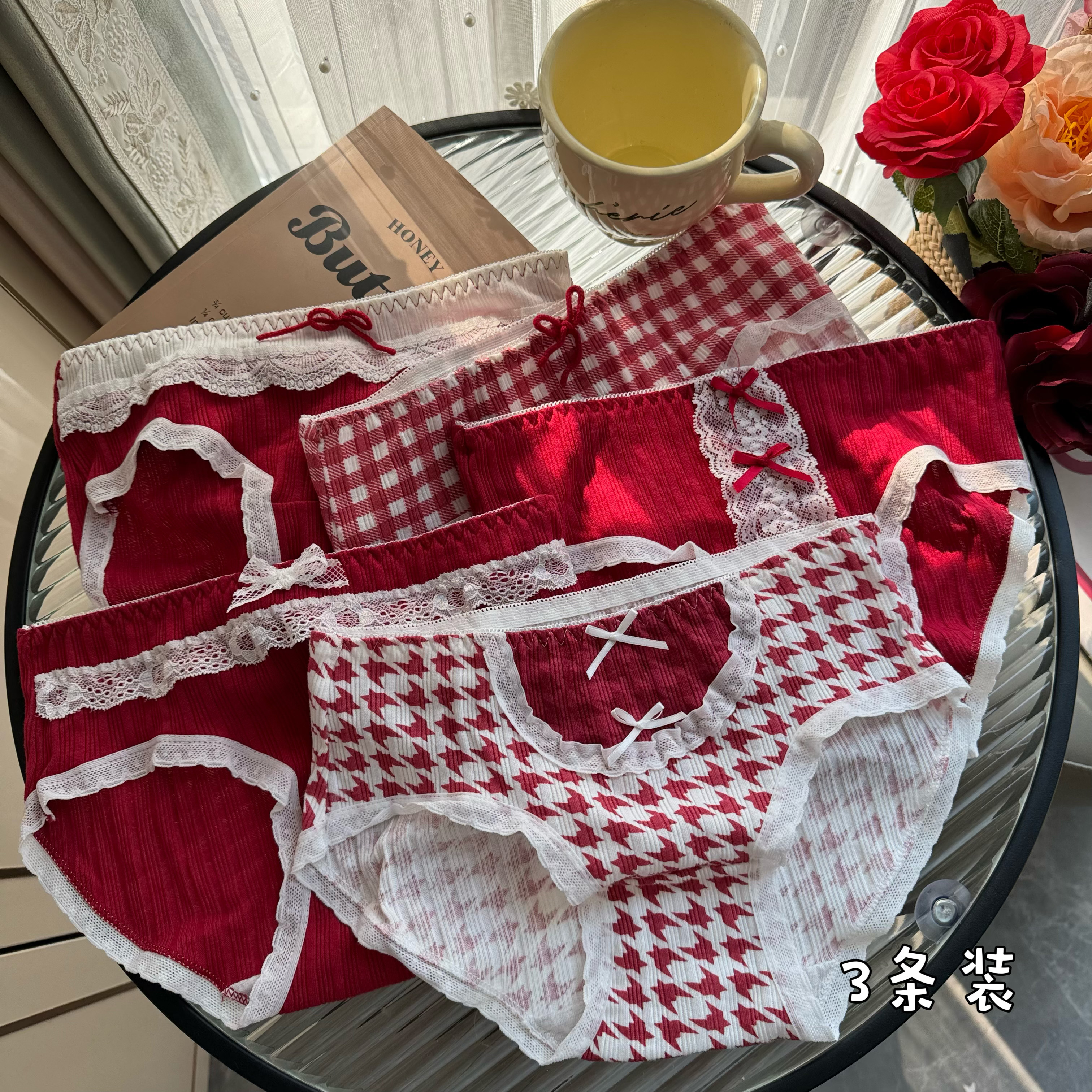 實拍 日系內褲女性感紅色蝴蝶結純棉格子透氣三角褲3條裝
