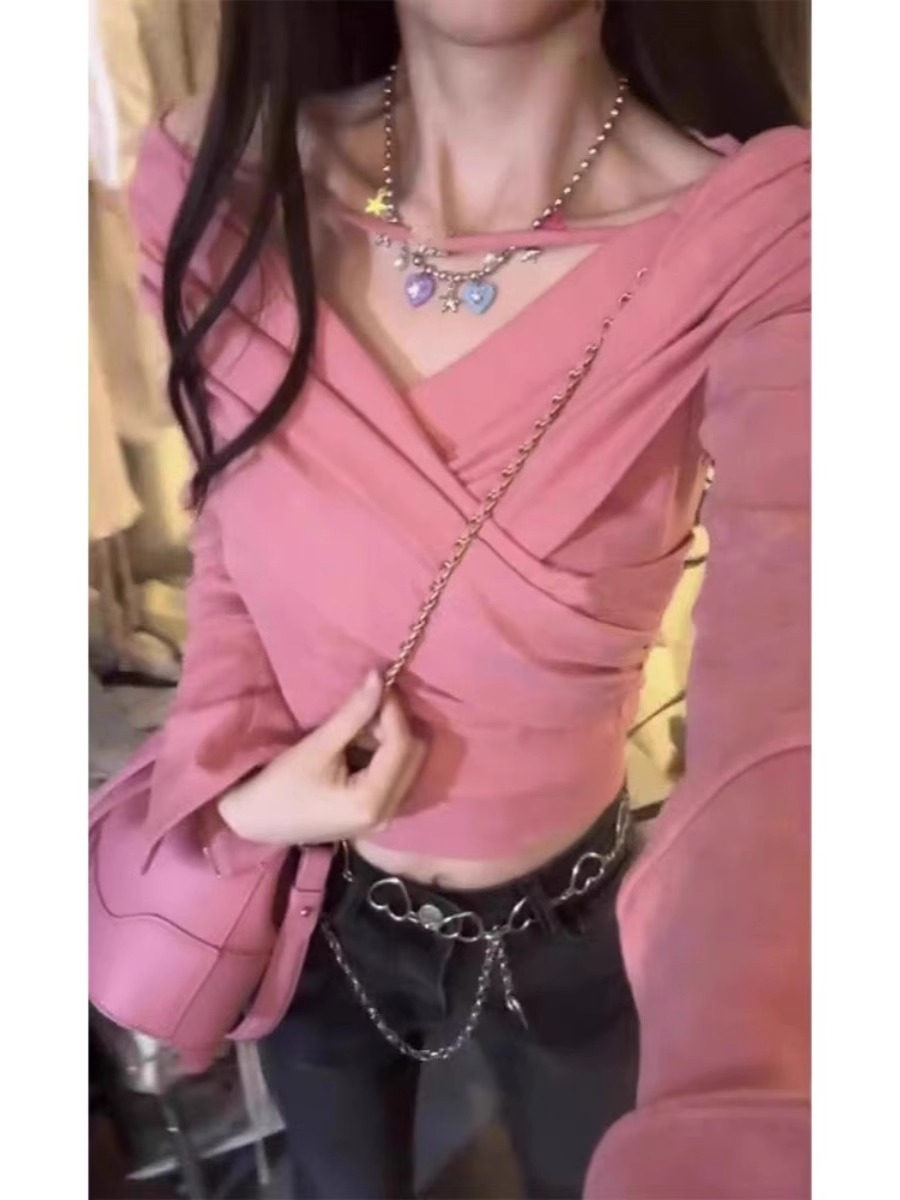隨心裁 辣妹交叉v領長袖T恤女秋冬氣質修身短款打底