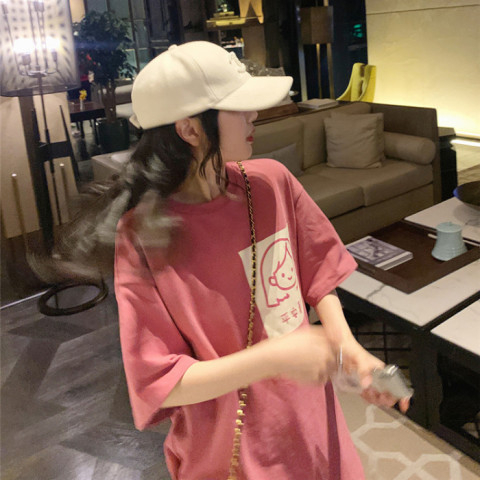 粉色印花卡通短袖t恤女夏季2024年新款韓版簡約寬鬆百搭上衣