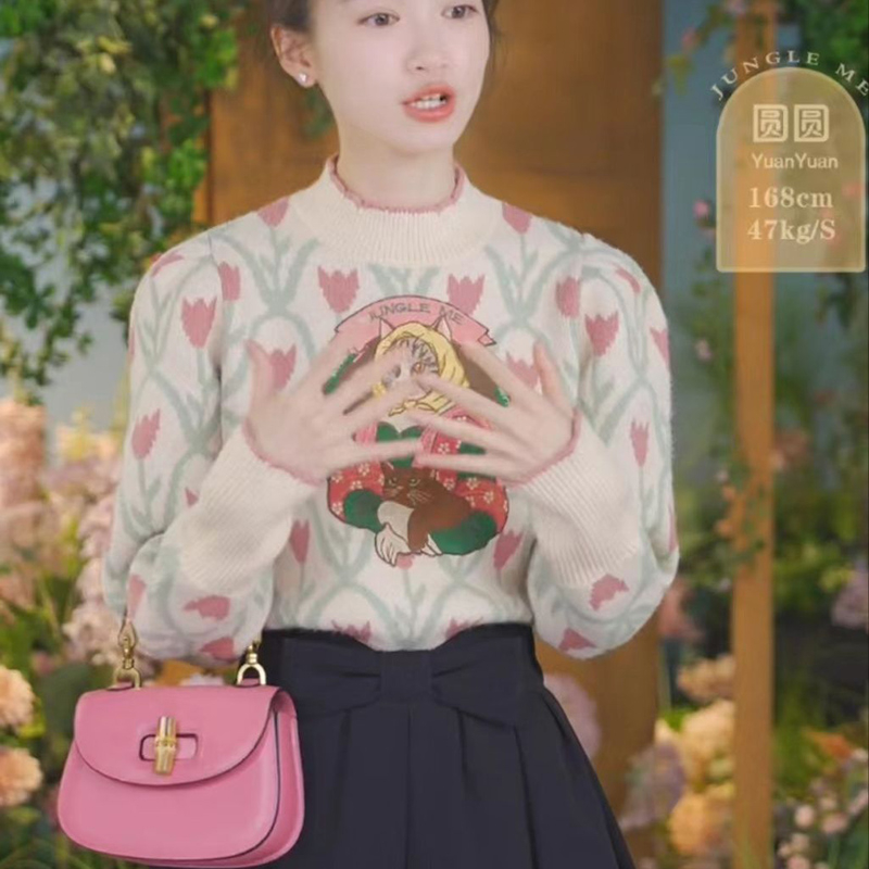 復古貓咪刺繡毛衣提花長袖秋冬內搭甜美氣質外穿上衣
