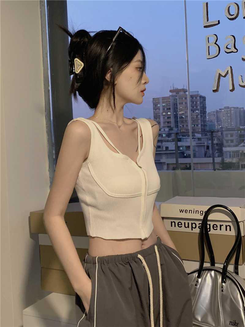 實拍~春款~2024甜酷辣妹針織吊帶背心露臍上衣打底衫潮