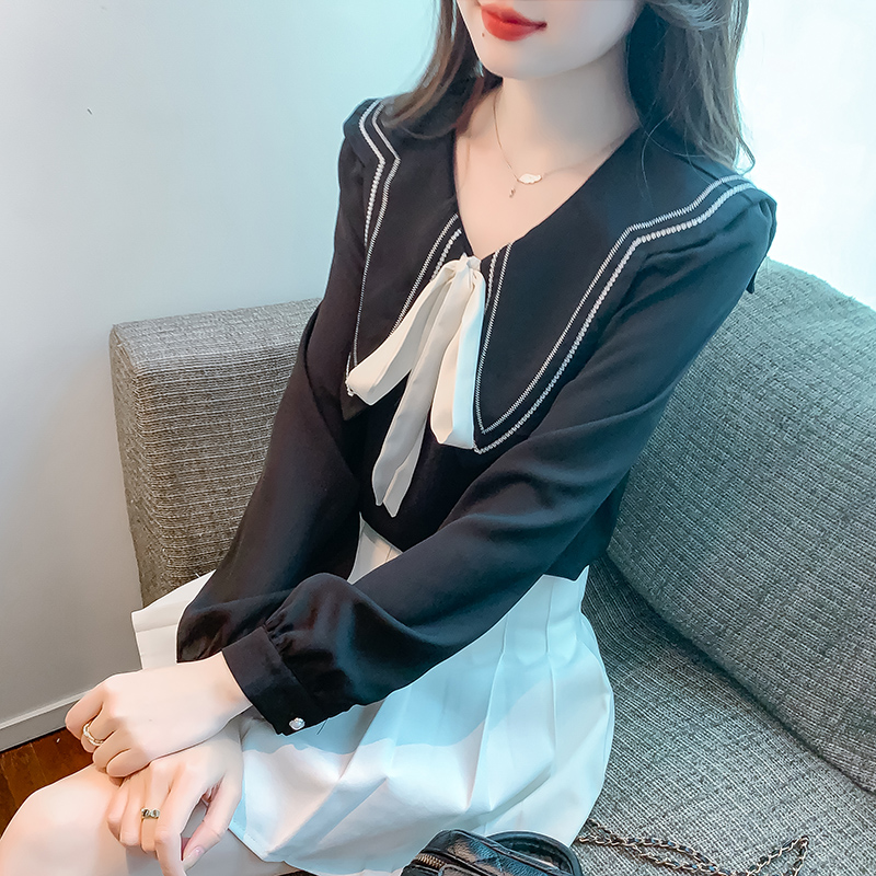 實拍 法式撞色花瓣領氣質襯衫女2024春季新款可拆卸領帶小衫上衣
