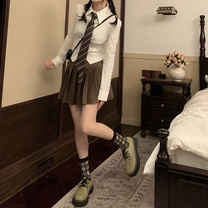 實拍 三標齊  純欲白色長袖修身襯衫甜辣襯衣高腰百褶短裙子