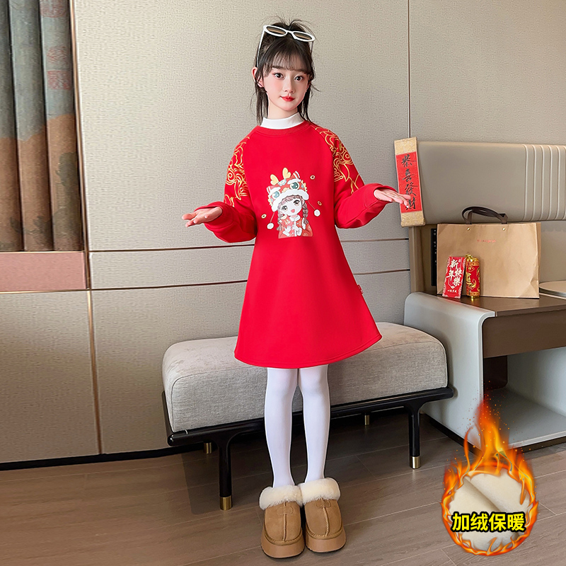 女童新年連衣裙加絨秋冬2024新款龍年新年本命年兒童拜年衣服紅色