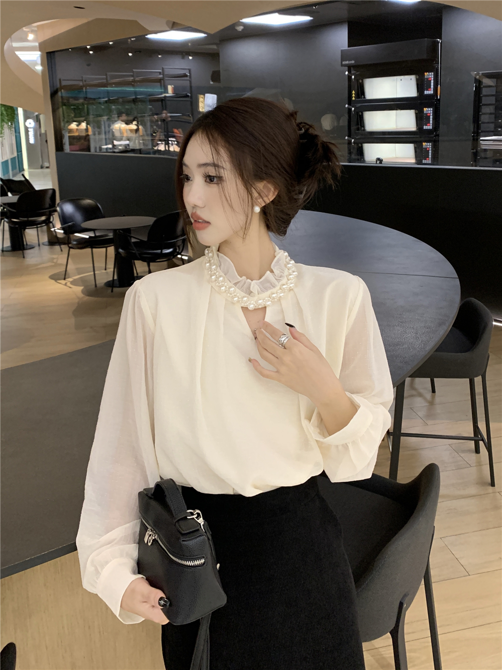Actual shot of French half-high collar long-sleeved chiffon shirt for women, new spring style, versatile, thin, western-style shirt