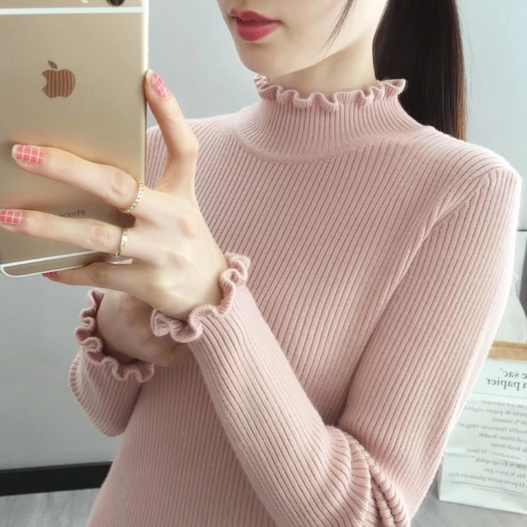 Fungus edge bottoming sweater women's half turtleneck pullover lotus leaf autumn and winter new long-sleeved inner slim fit top