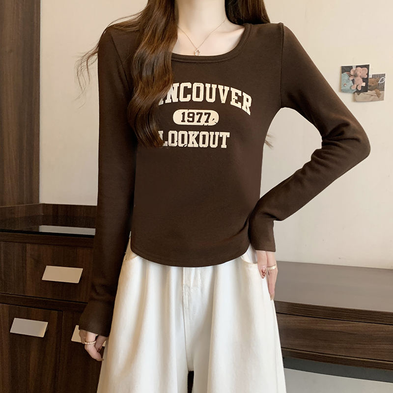 Actual shot of 2024 spring new fat mm versatile slim fit thickened warm letter printed short bottoming T-shirt top