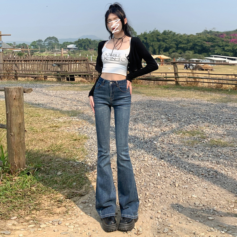 高腰微喇叭牛仔褲女春季新款緊身鎖邊顯瘦馬蹄褲子長褲&九分