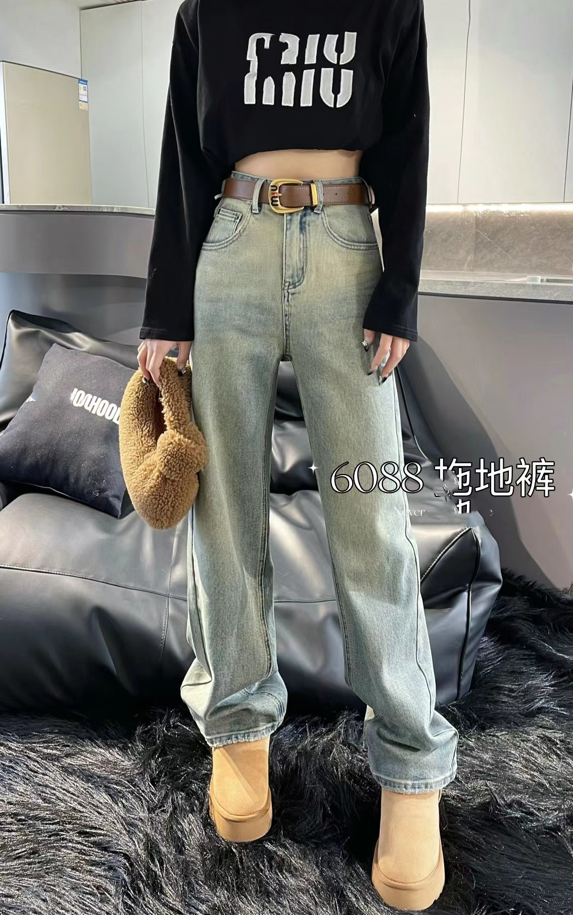 新款時尚流行刺繡牛仔拖地褲洋氣氣質牛仔直筒拖地褲