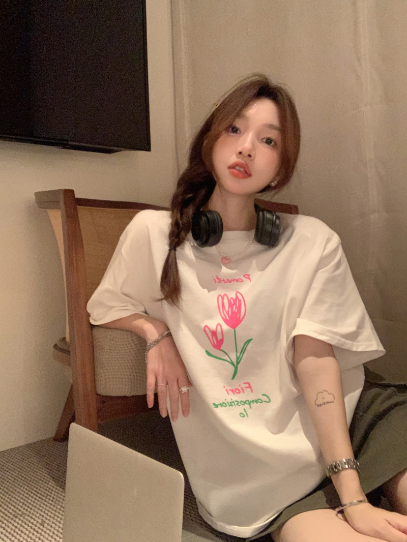 官圖 重磅/精梳純棉 後包領 有縫邊 S-XXXL 夏裝短袖T恤女