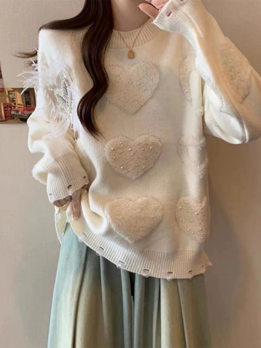 大碼女秋冬本命年紅色重工愛心鑲鑽獨特好看慵懶針織上衣毛衣