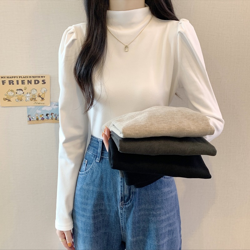 實拍半高領加絨加厚泡泡袖T恤打底衫女秋季洋氣修身顯瘦百搭上衣