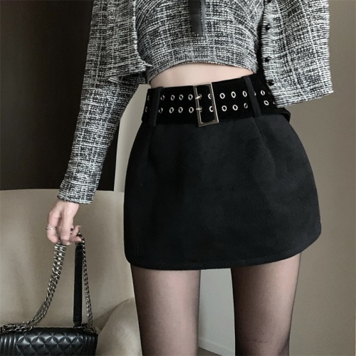 Real shot!  !  Black belted skirt for women, autumn and winter high waisted skirt, hot girl hip-hugging short skirt
