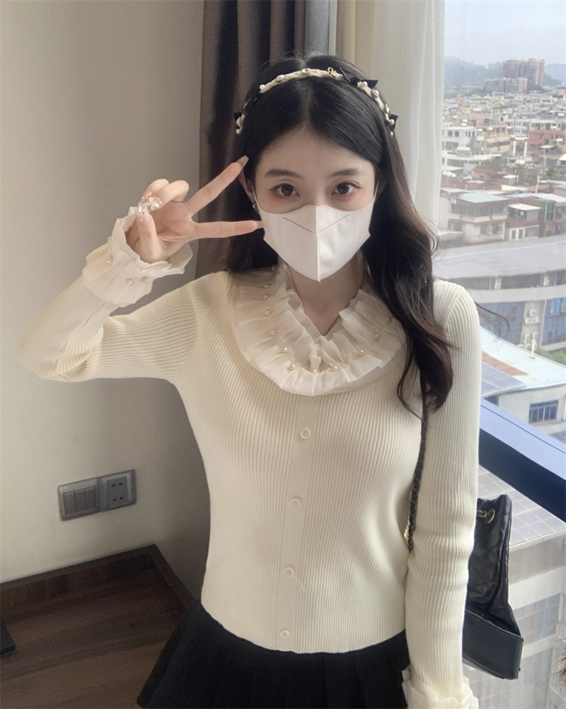實拍~韓系釘珠荷葉拼色V領針織衫女氣質顯瘦百搭長袖上衣