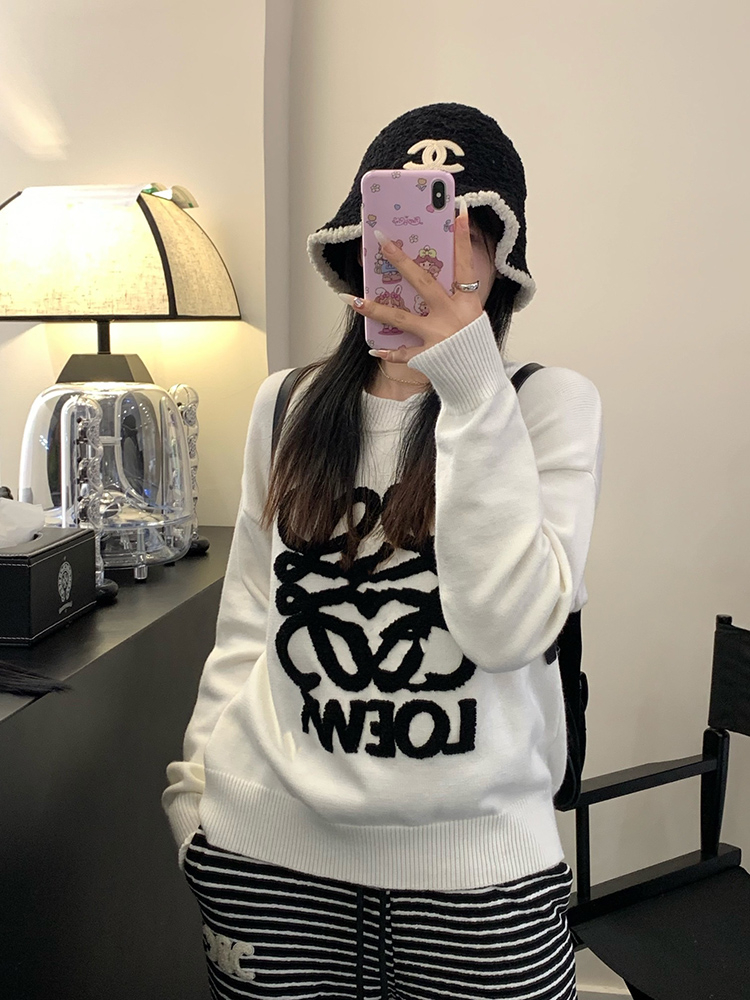 秋冬季新款字母logo刺繡軟糯毛衣女圓領套頭高檔針織衫