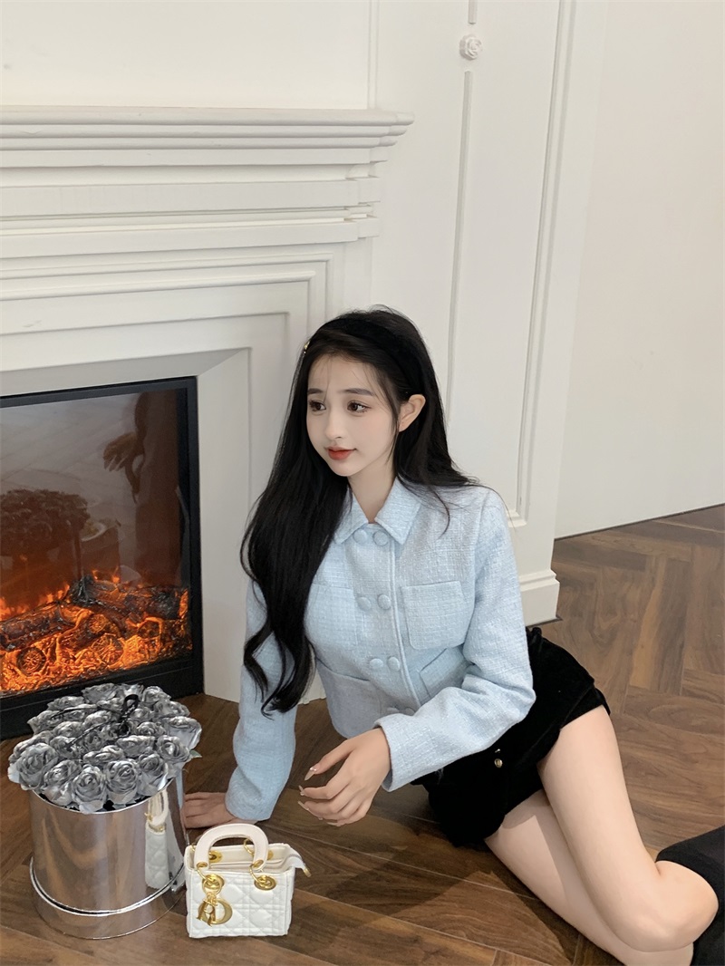 Real shot of cool fragrant blue/small fragrant style woolen jacket for women's autumn new style short top + pants
