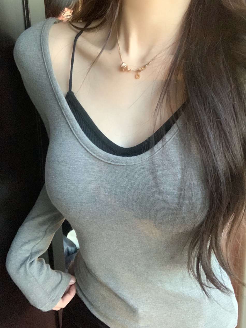 實拍~ 軟糯手感雙U領打底t修身顯瘦長袖針織上衣女休閒百搭