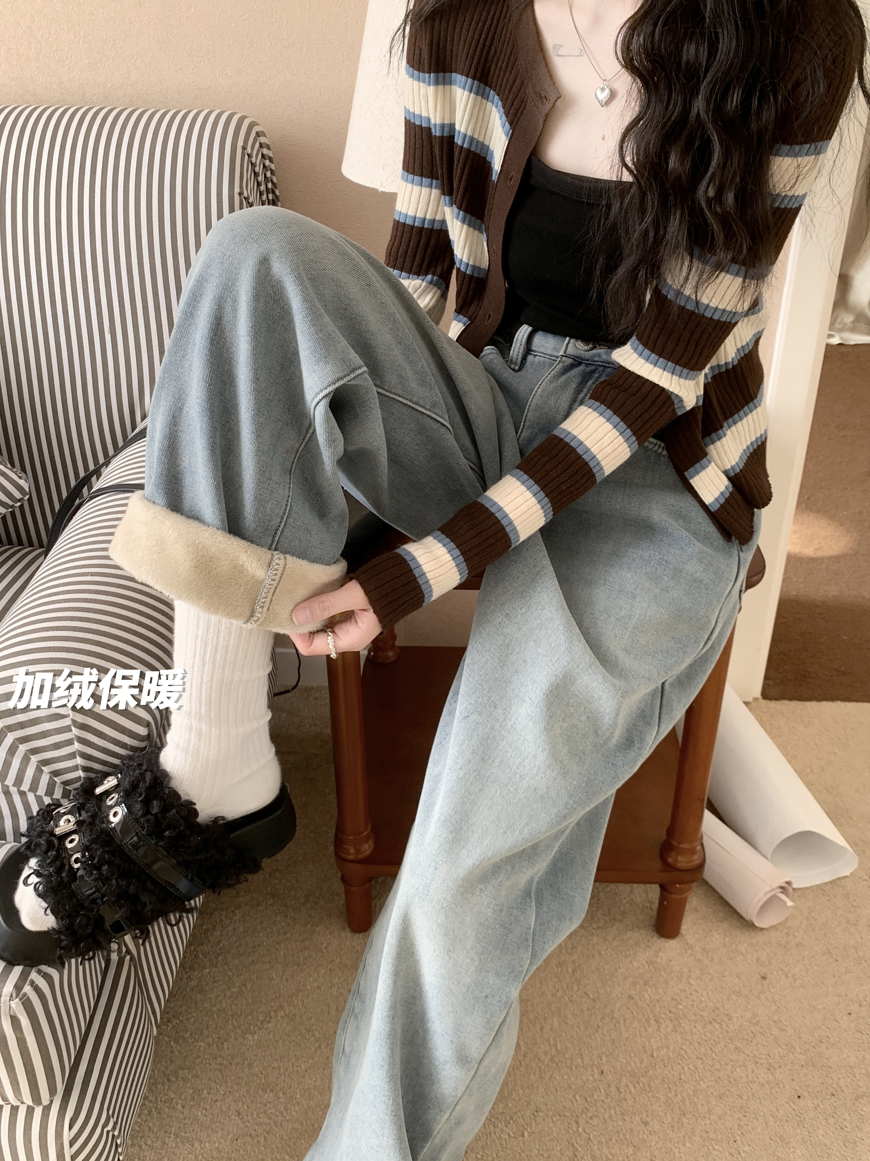 Real shot of winter high-waist slimming plus velvet thickened straight jeans