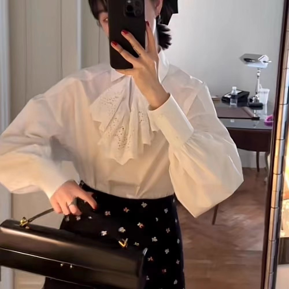 MONA 40支 白色長袖襯衫女小個子設計感小眾上衣