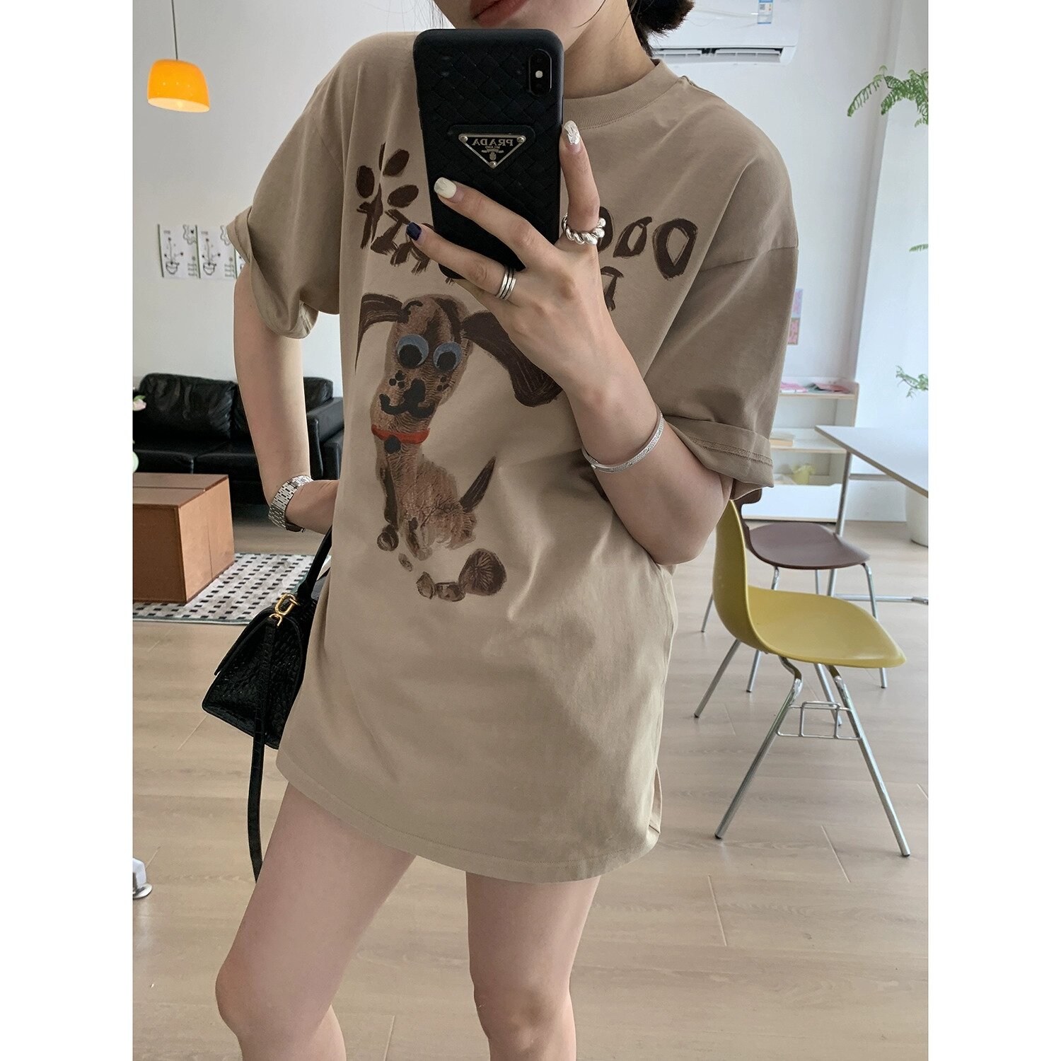 高品質 純棉塗鴉小狗印花休閒百搭潮流時尚夏季短袖T恤女