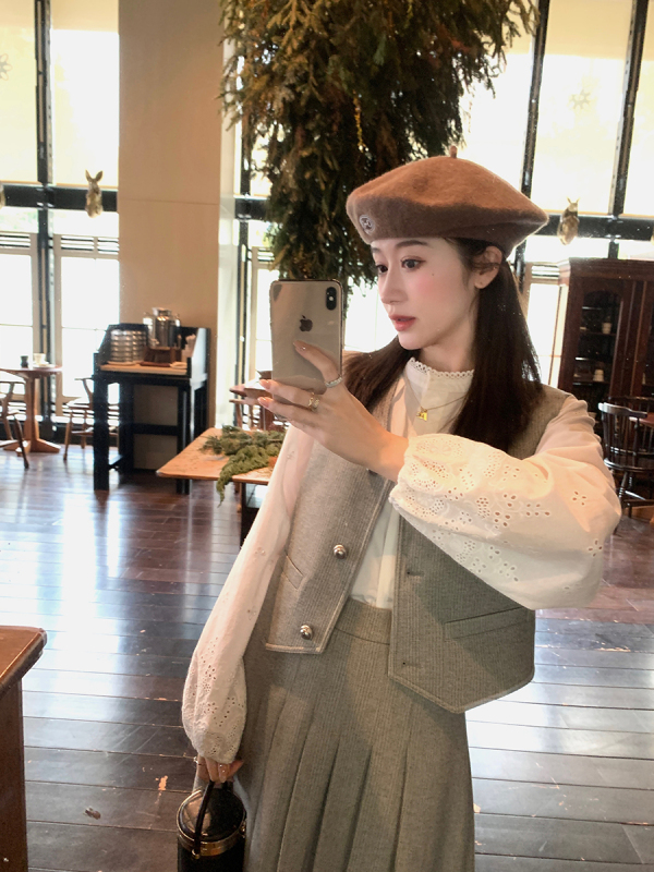 楊楊YANGRUOYU陽光丁香拼接甜美襯衫鏤空設計刺繡白色襯衣女