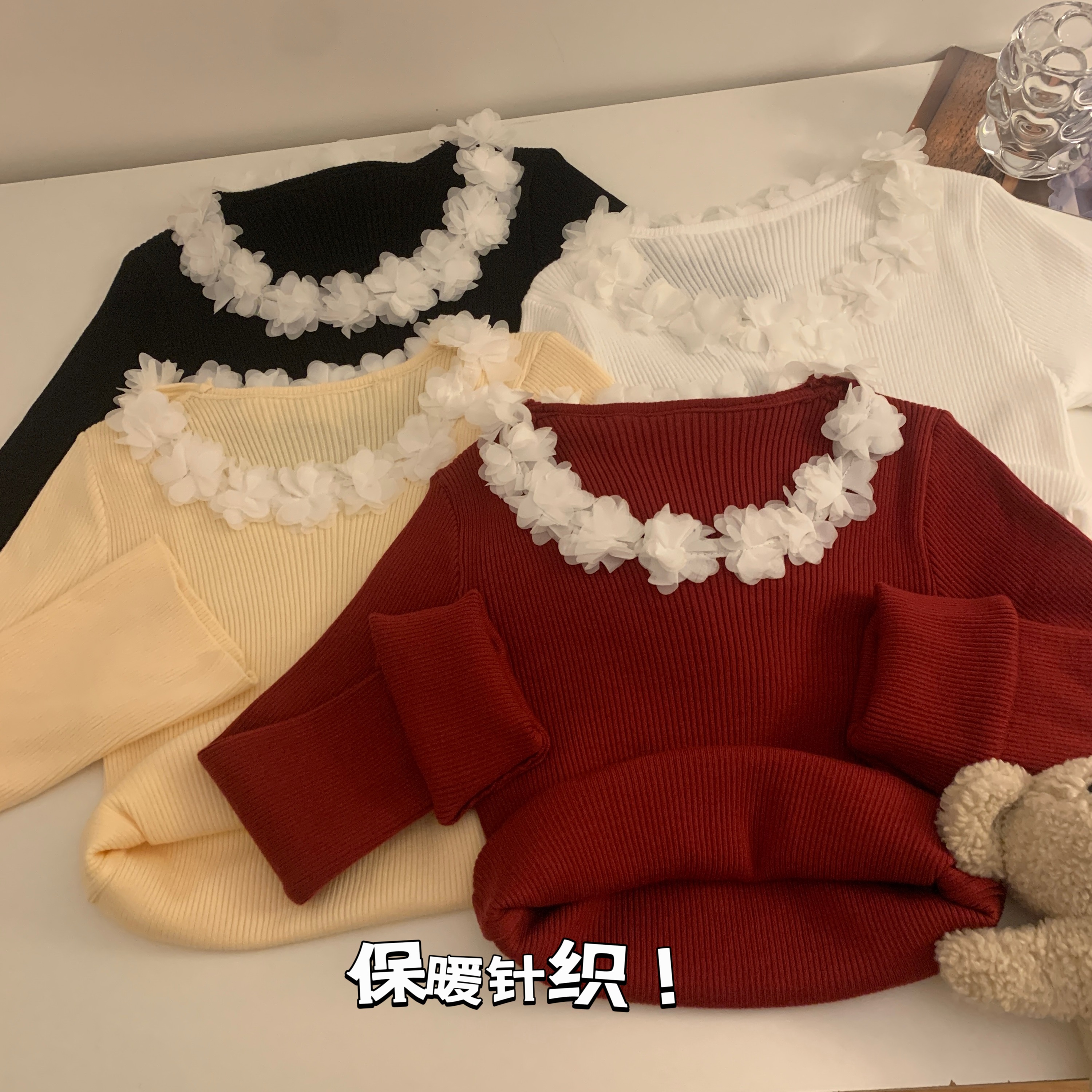 實拍 秋冬設計感小眾甜美百搭立體花朵針織衫法式打底上衣女