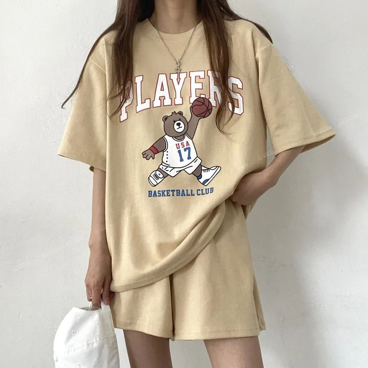 兩件套裝女大碼韓版夏休閒運動服卡通短袖短褲女裝ins潮