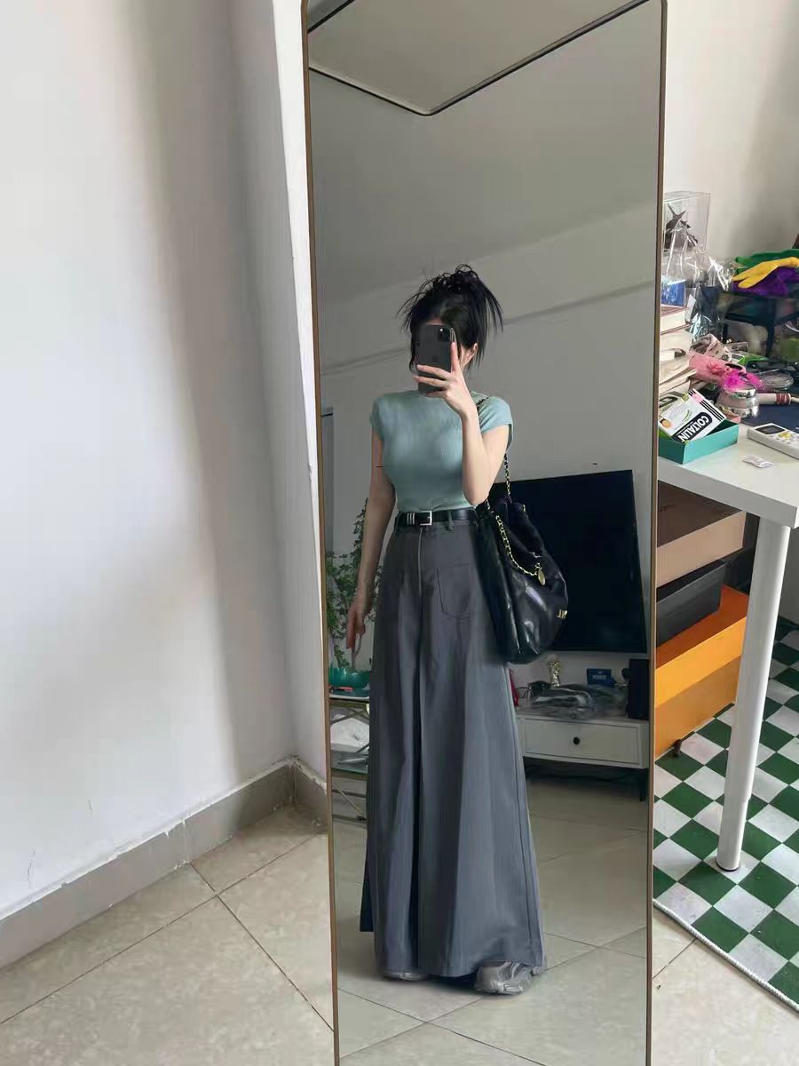 正肩短袖T恤女夏季半高領打底針織衫高級感短款氣質修身無袖上衣