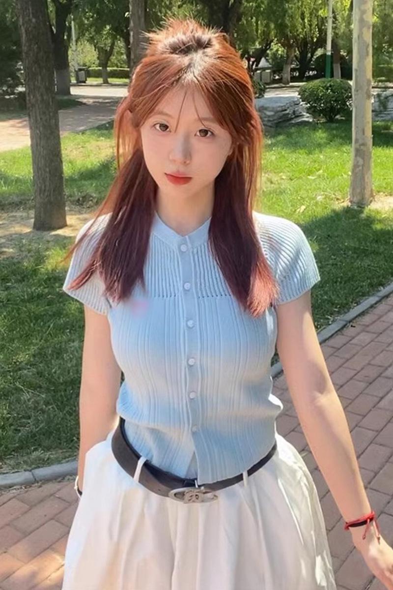 港風藍色短袖小眾顯瘦針織開衫t恤上衣女新款夏季小衫多巴胺穿搭