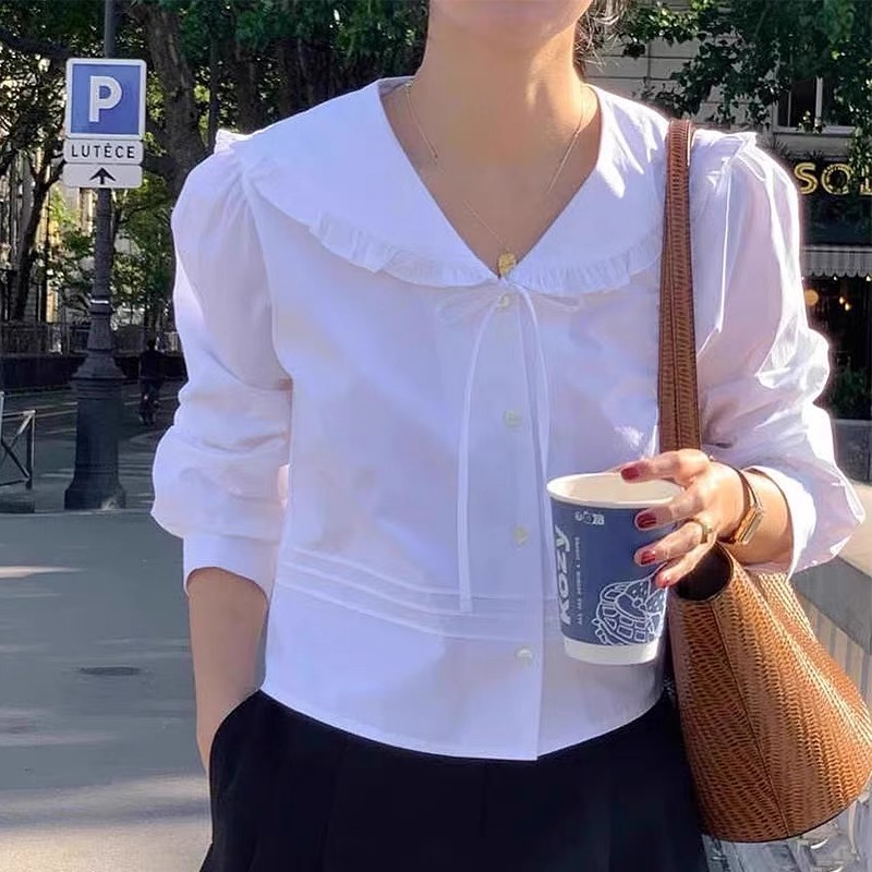韓國chic早春甜美減齡花邊海軍領蝴蝶結系帶寬鬆休閒百搭長袖襯衫