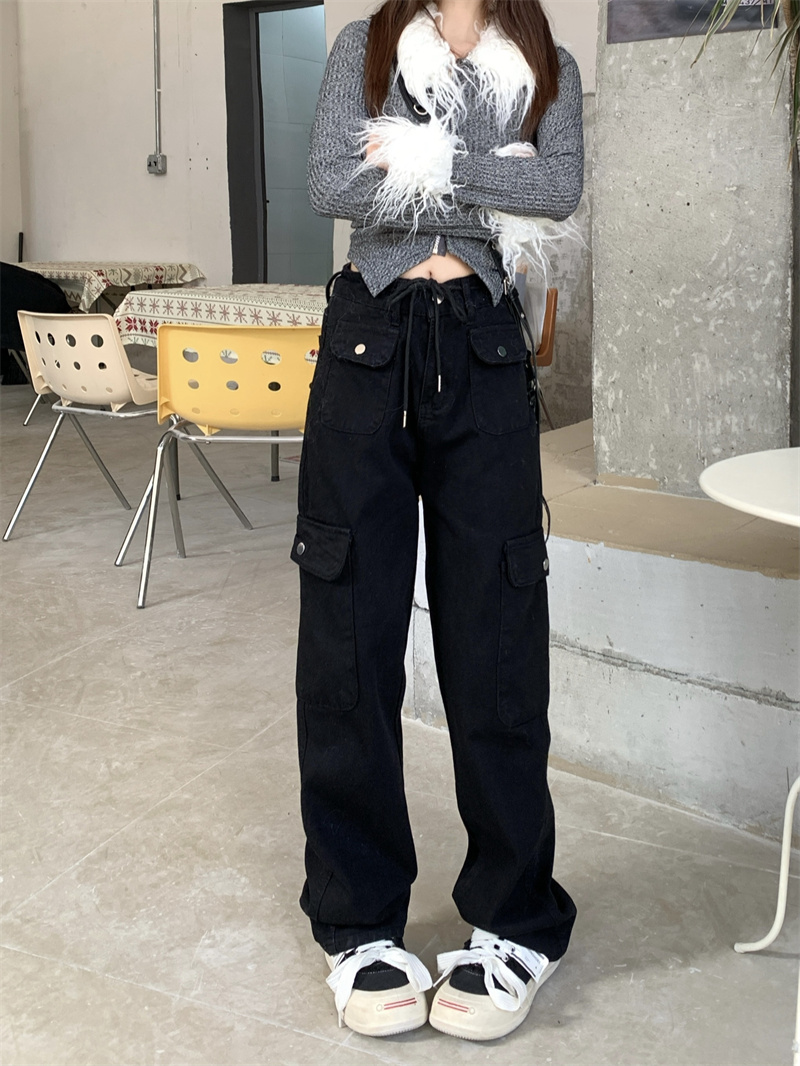 Real shot!  High-waist slim work jeans standard retro all-match straight pants loose wide-leg casual pants