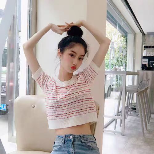 小仙女泫雅短袖露臍上衣洋氣高腰短款百搭冰絲針織衫卡腰小衫夏季